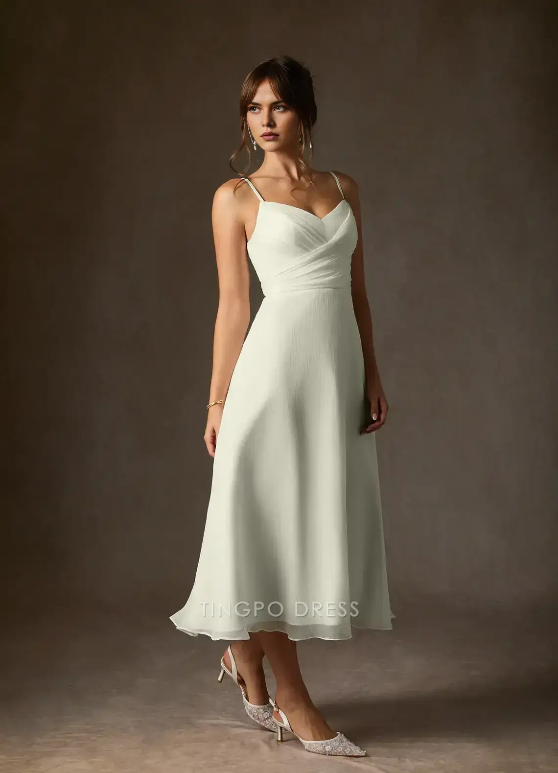 Elegant Spaghetti Strap Surplice Bodice Chiffon Midi Dress with Back Bow Prom Dress